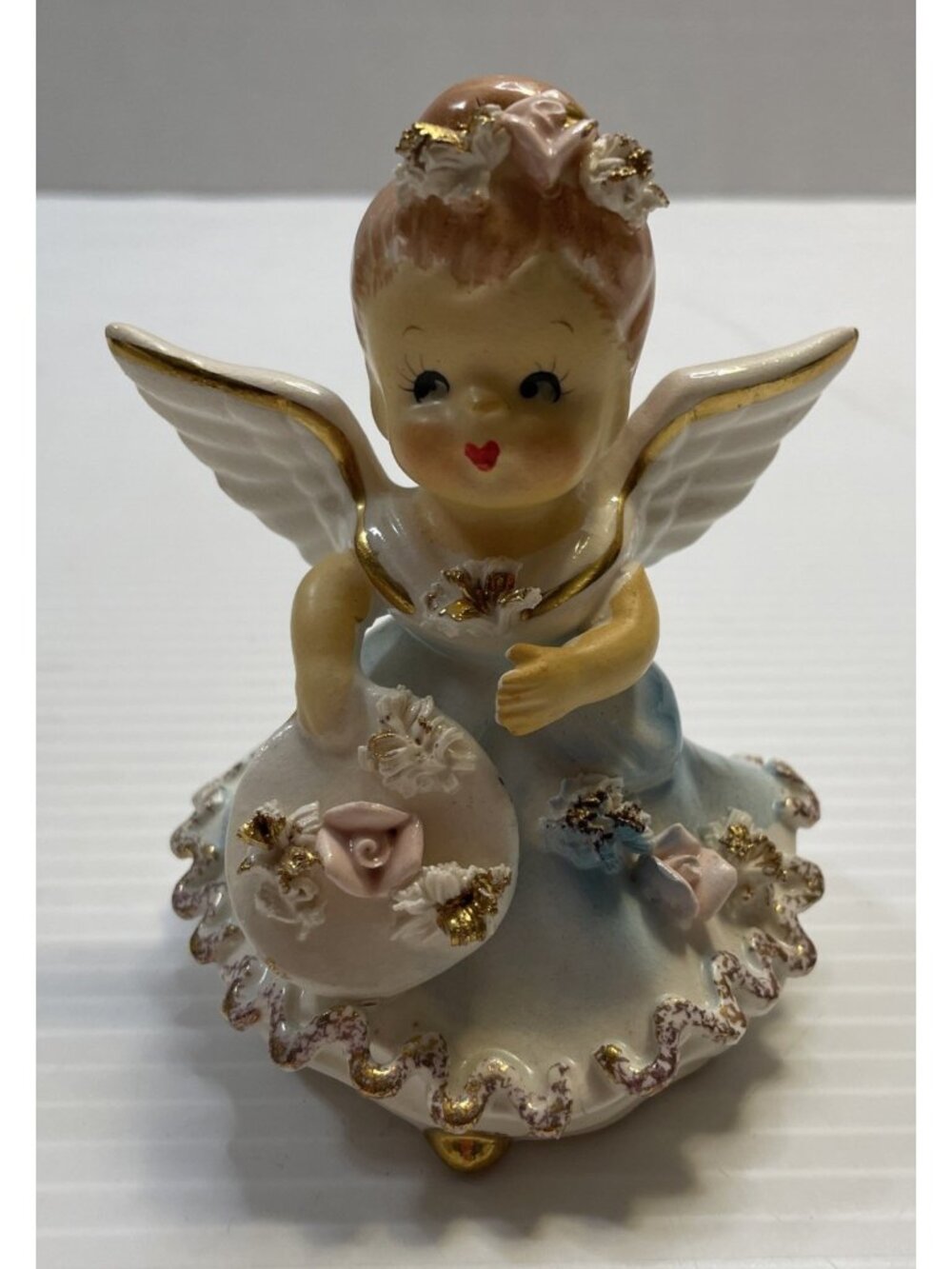 Lefton Month Angel Birthday Bell Blue Dress & Pink Roses Signed Geo Z - VGUC